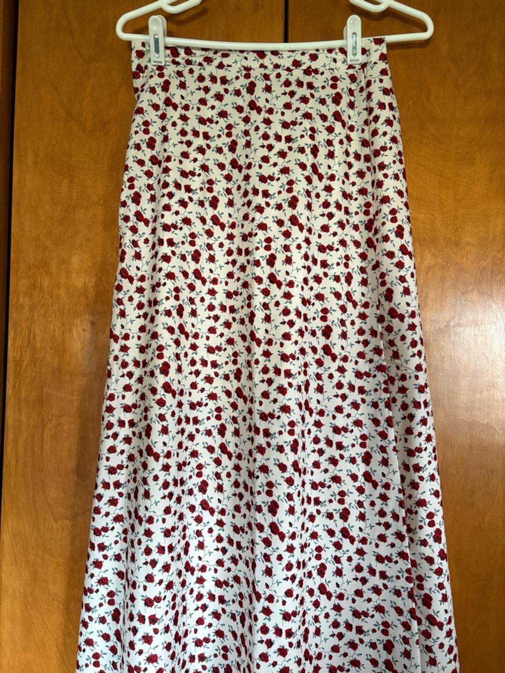 Women's Cream Midi Skirt with Red Floral Print
